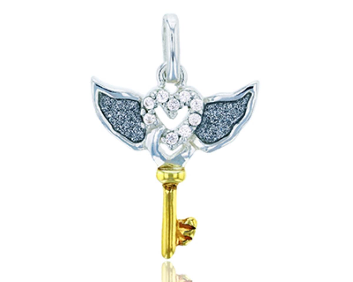Sterling Silver Yellow&White Clear CZ Wing Key Glitter Pendant