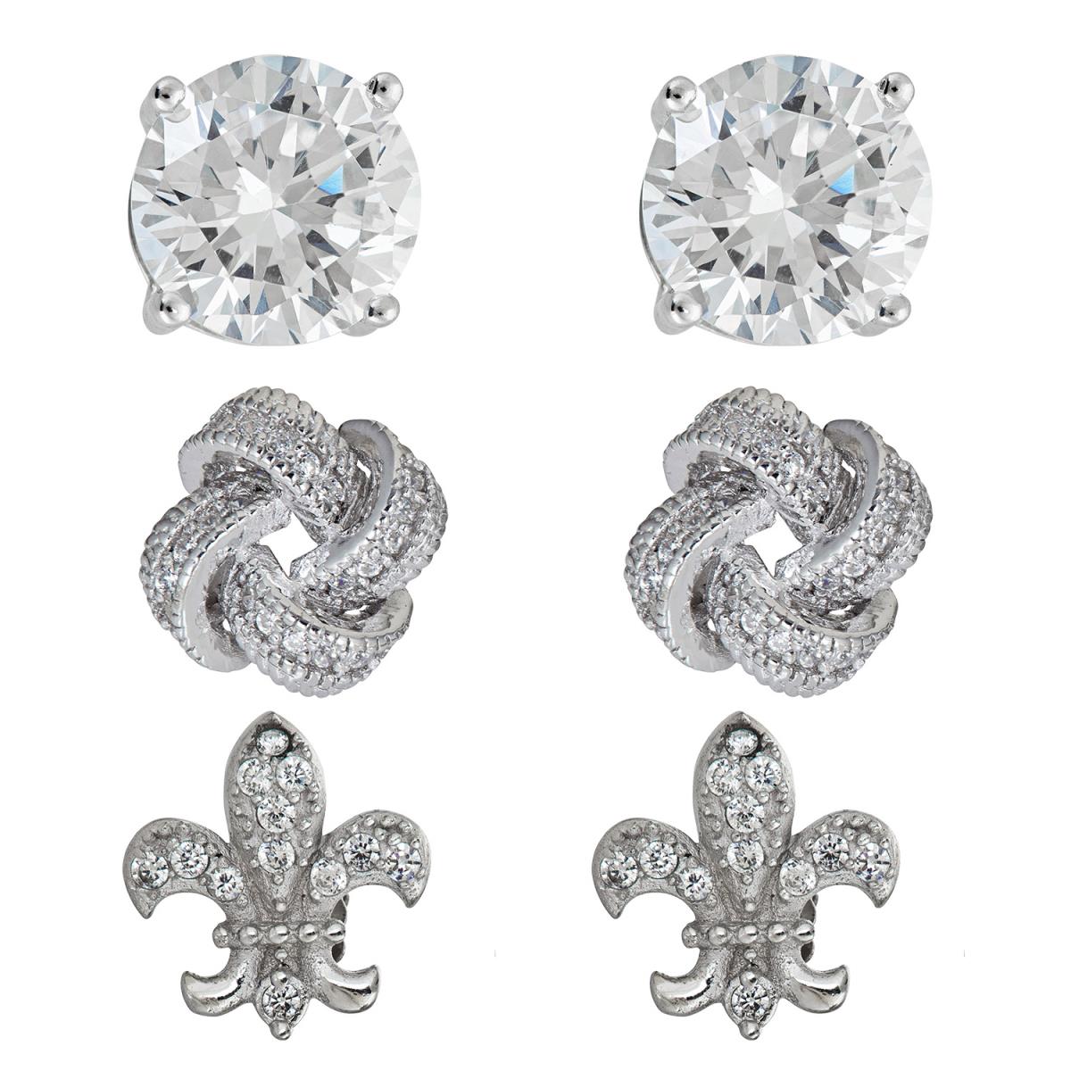 Sterling Silver Rhodium 5mm AAA Rd Solitaire, Love Knot and Fleur De Lis Stud Set