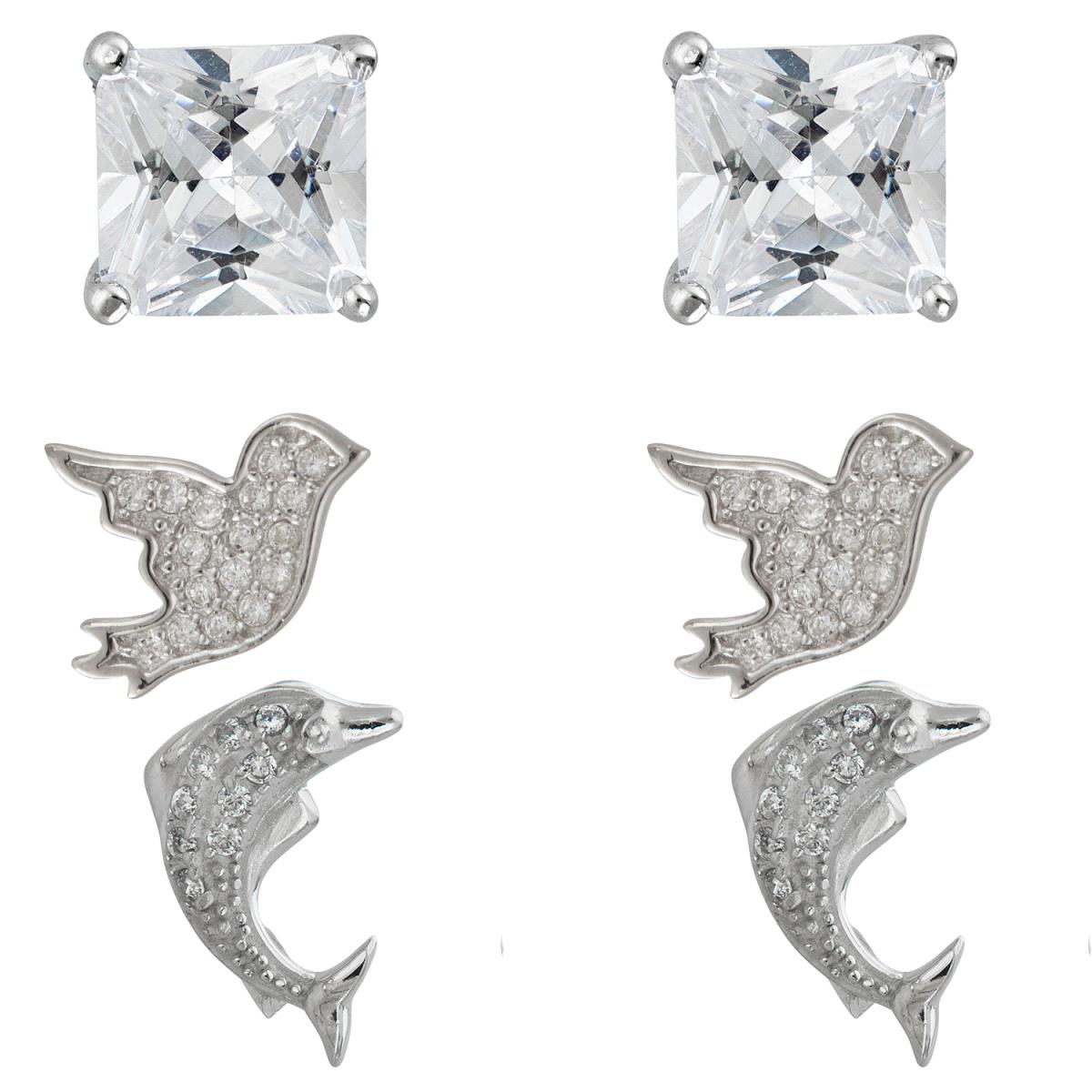 Sterling Silver Rhodium 5mm AAA Sq Solitaire, Dove and Dolphin Stud Set