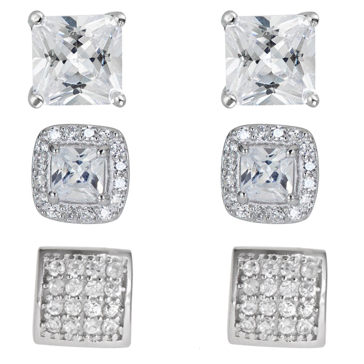 Sterling Silver Rhodium 5mm AAA Sq Solitaire, Sq Halo and Domed Sq Stud Set