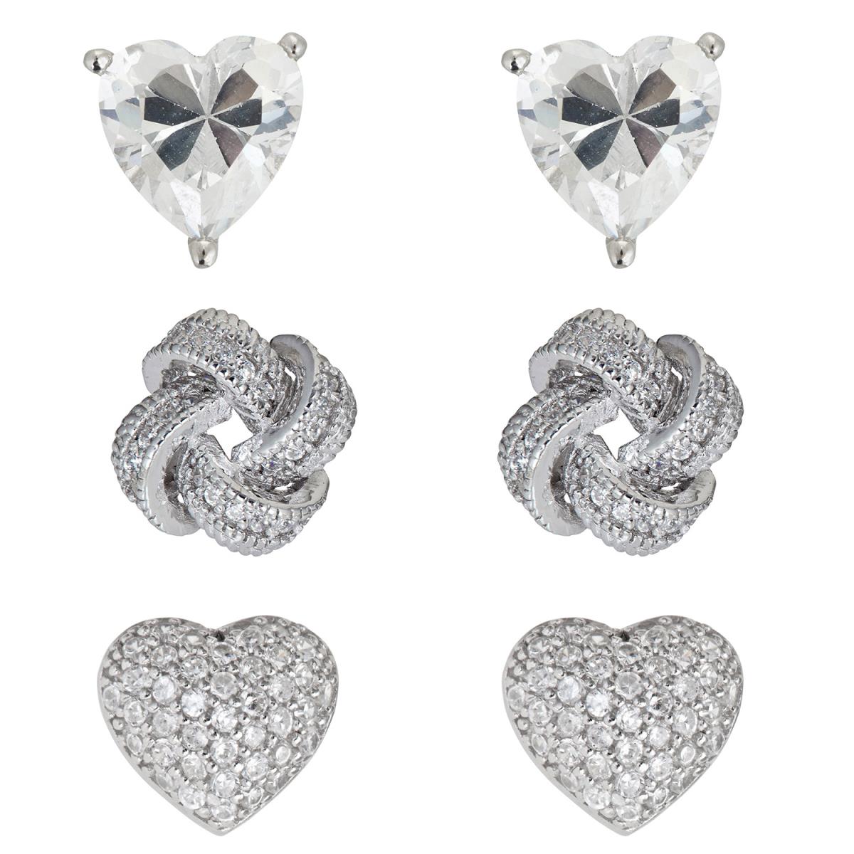 Sterling Silver Rhodium 5mm AAA Heart Solitaire, Love Knot and Heart Stud Set