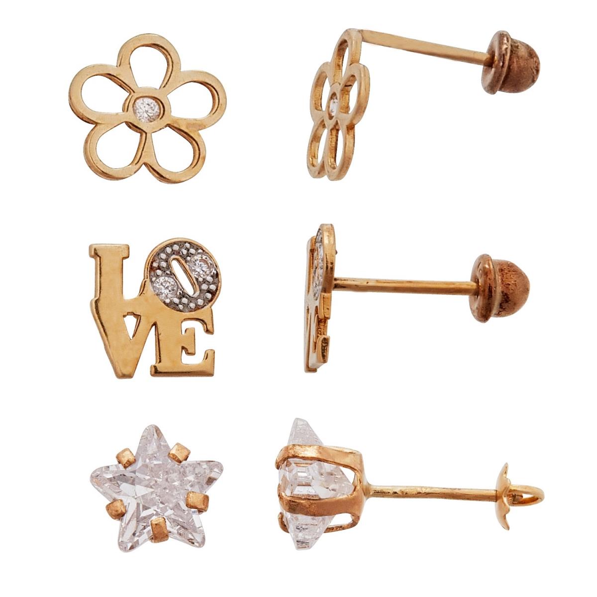 14K Yellow Gold High Polished Flower Silhouette, 14K Two-Tone High Polished LOVE, 14K Star Solitaire Screw Back Stud Earring Set