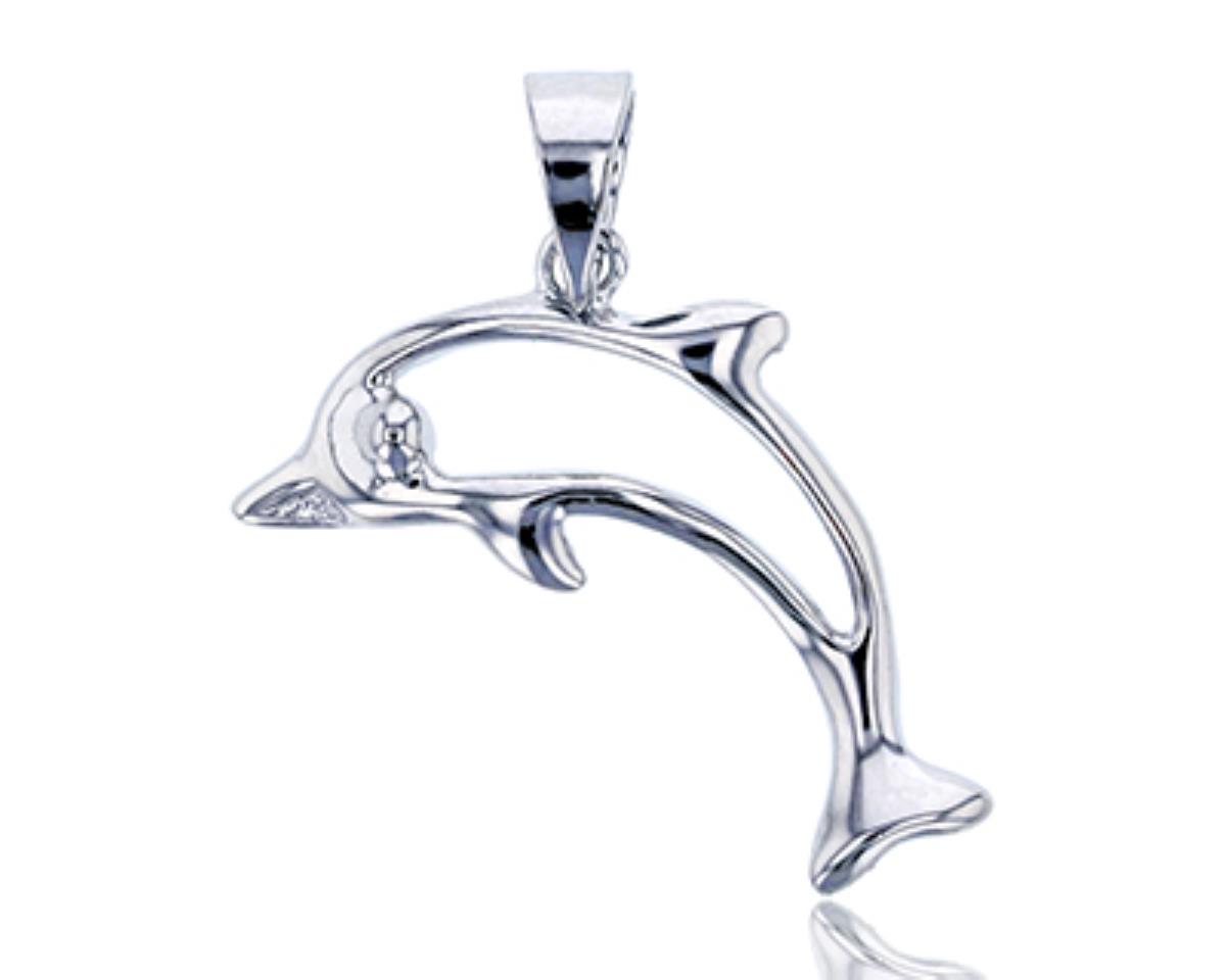 Sterling Silver Rhodium Polished Open Dolphin Pendant