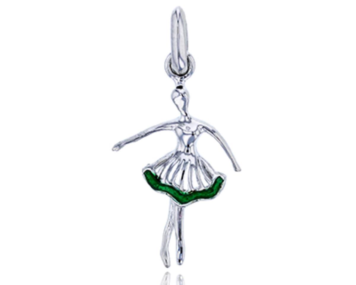 Sterling Silver Rhodium Polished 25x12mm  Green Enamel Ballerina Girl Pendant