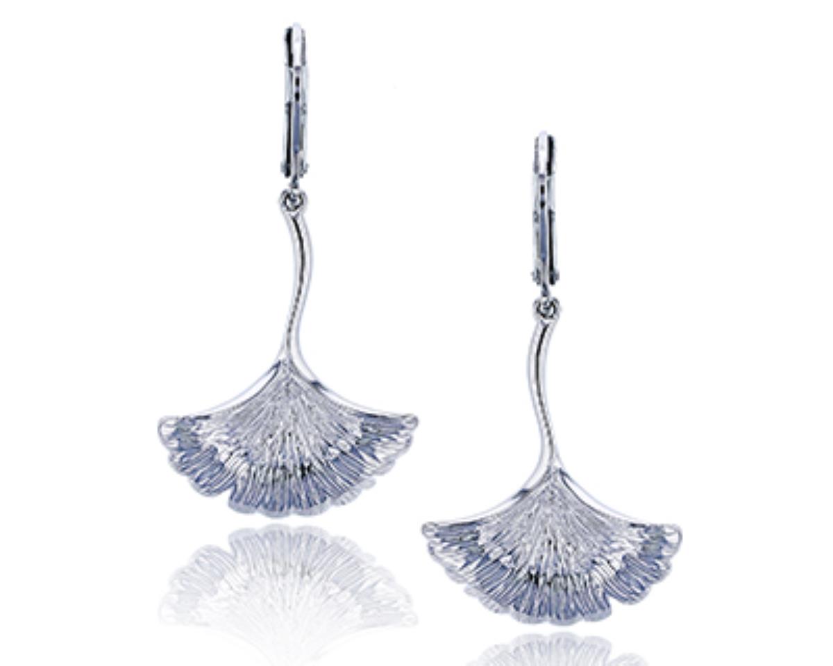 Sterling Silver Rhodium Textured Ginkgo Leaf Leverback Dangling Earring