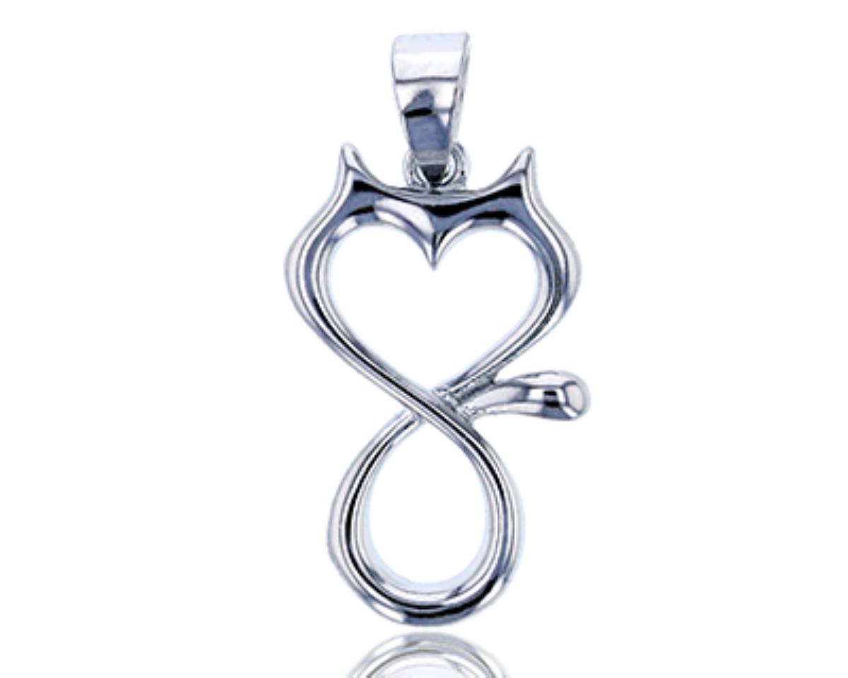 Sterling Silver Rhodium Polished Heart Cat Pendant
