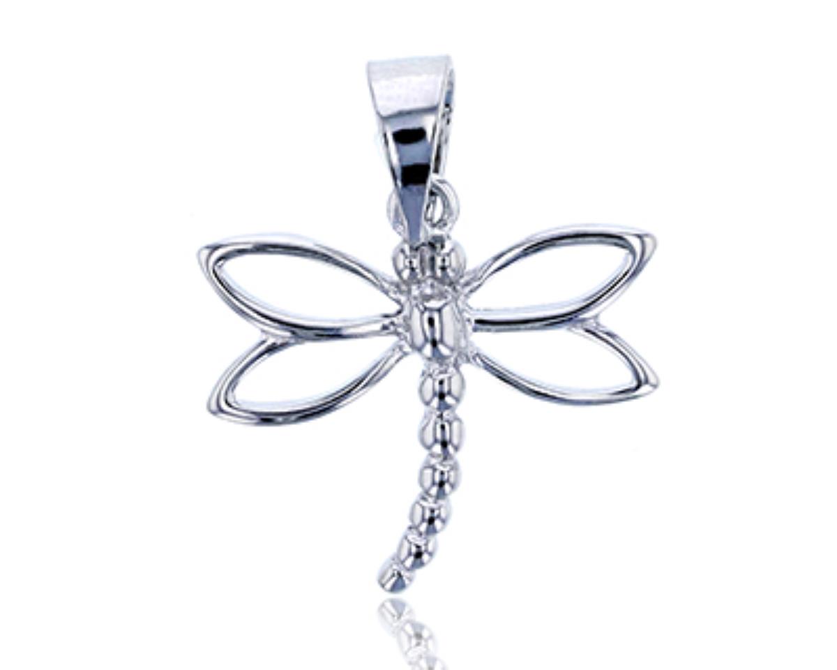 Sterling Silver Rhodium Polished Dragonfly Dangling Pendant