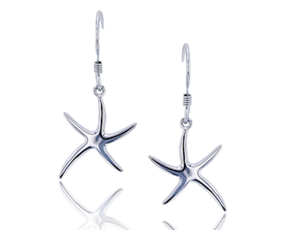 Sterling Silver Rhodium High Polished Starfish Dangling Earring