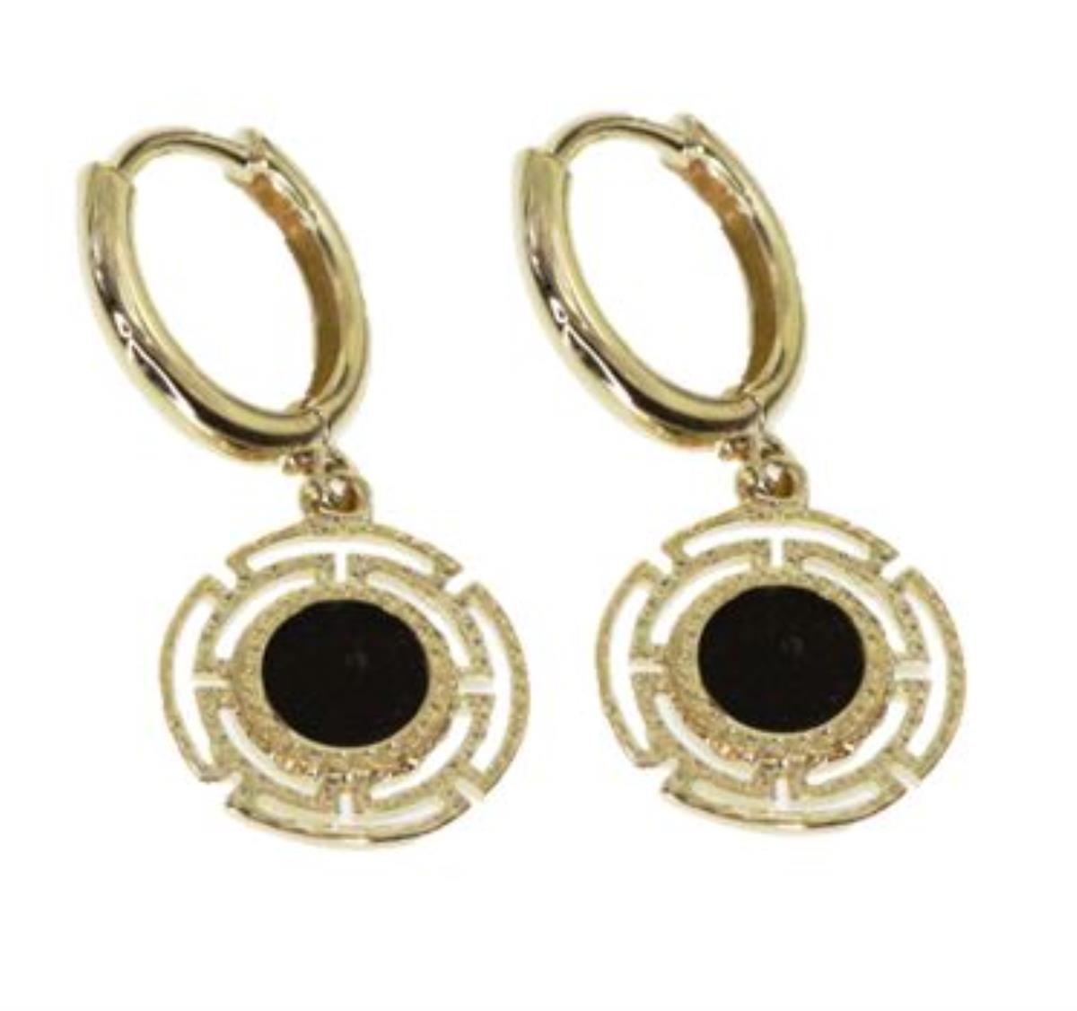 14K Yellow Gold High Polished Onyx Lattice Circle Dangling Huggie Earrings