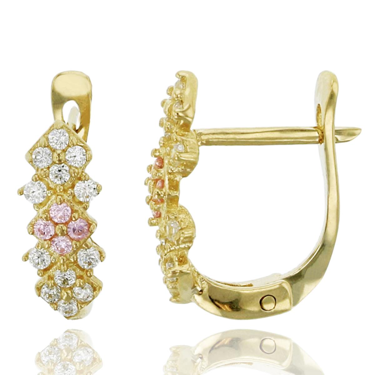 10K Yellow Gold Micropave 3-Row Diamond Shaped Clear&Pink CZ Latchback Earring