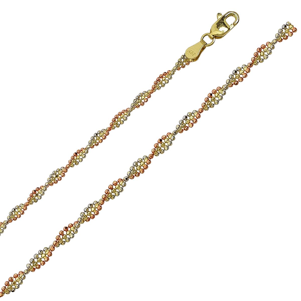 14K Gold Tricolor 3MM Beaded 7" Twist Bracelet