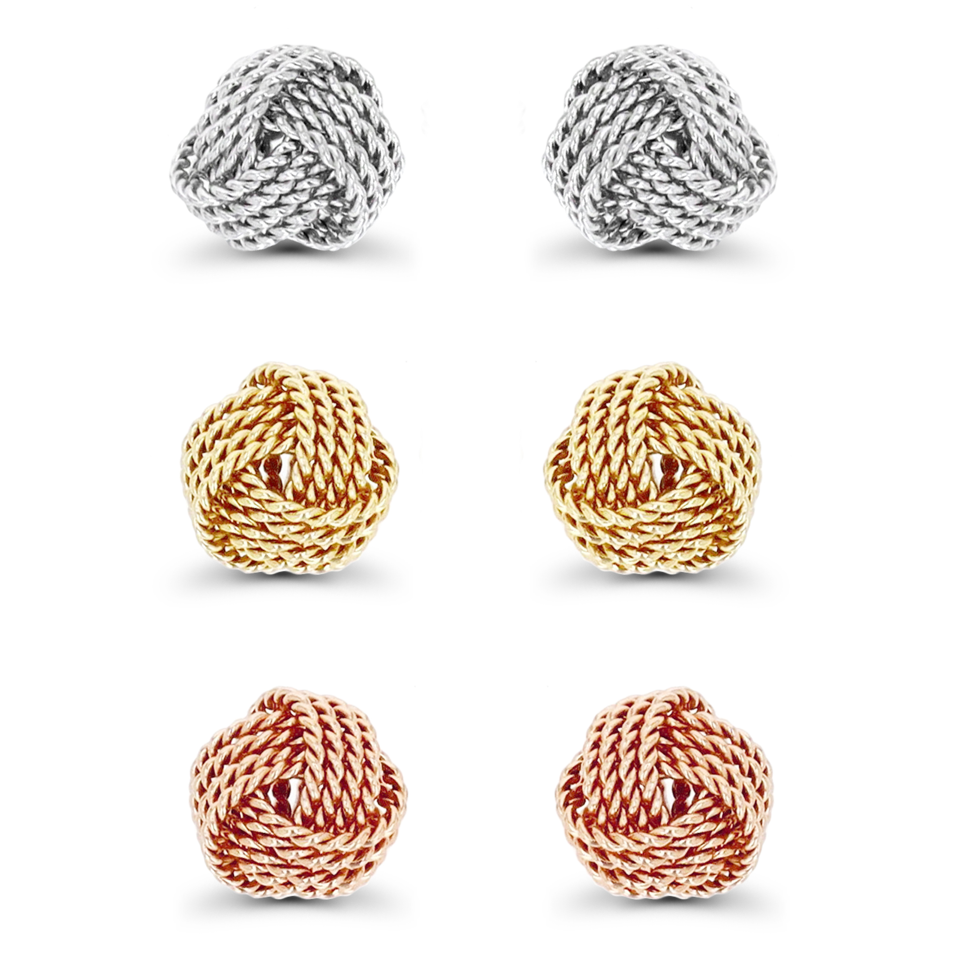 Sterling Silver Tri-color 6mm Cable Twist Love Knot Stud Set