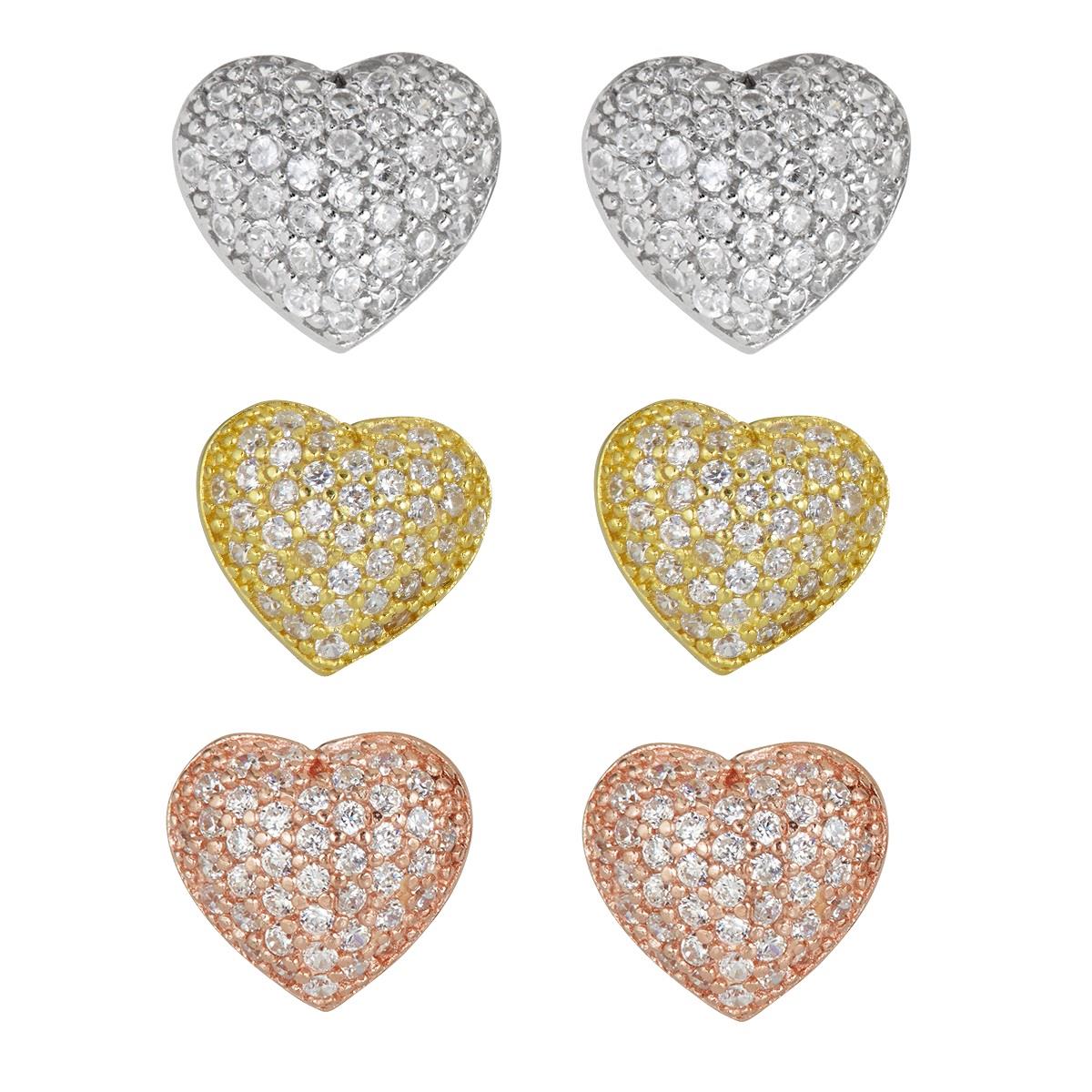 Sterling Silver Tricolor Micropave Puffed Heart Stud Earring Set