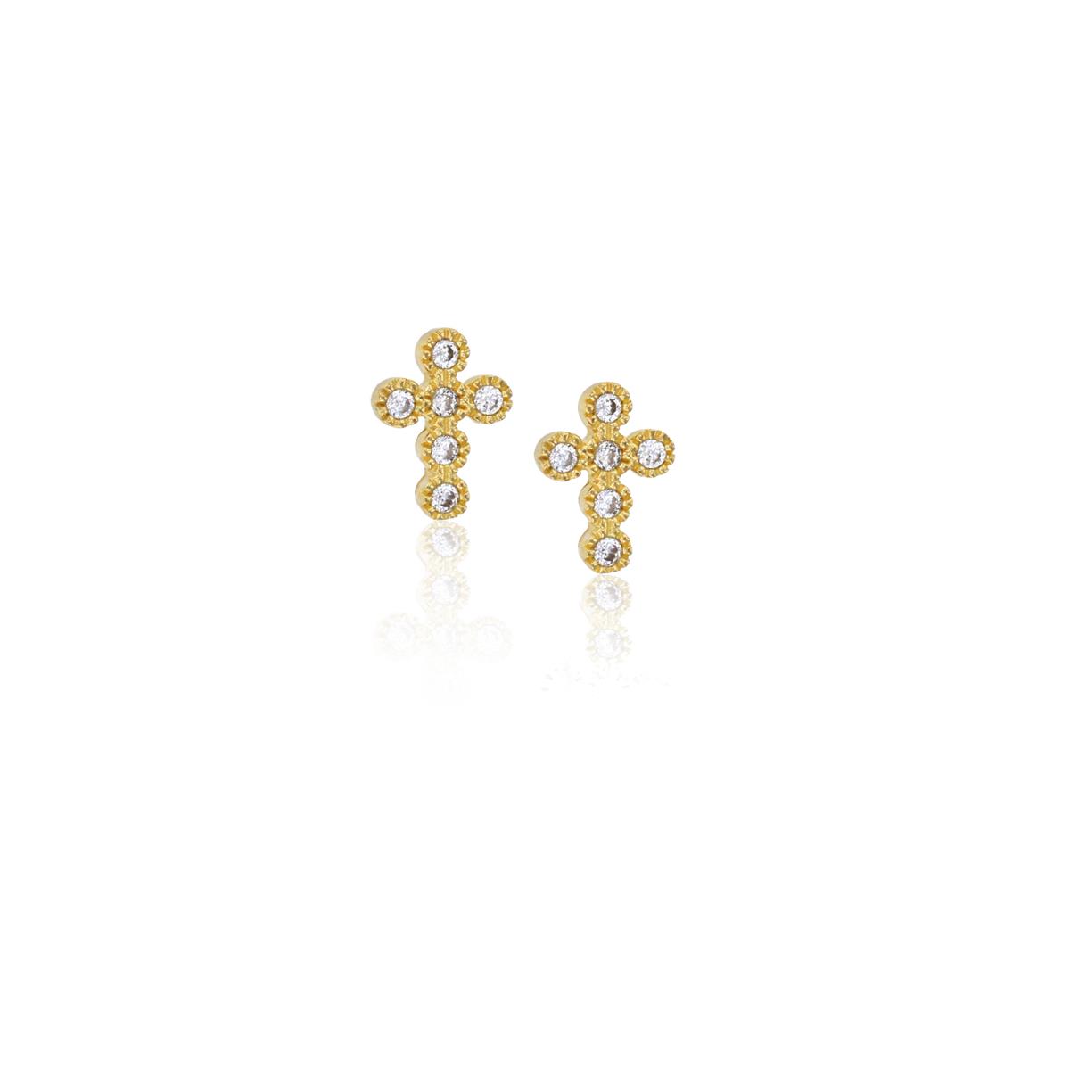 14K Yellow Gold Pave Round CZ Cross Stud Earring