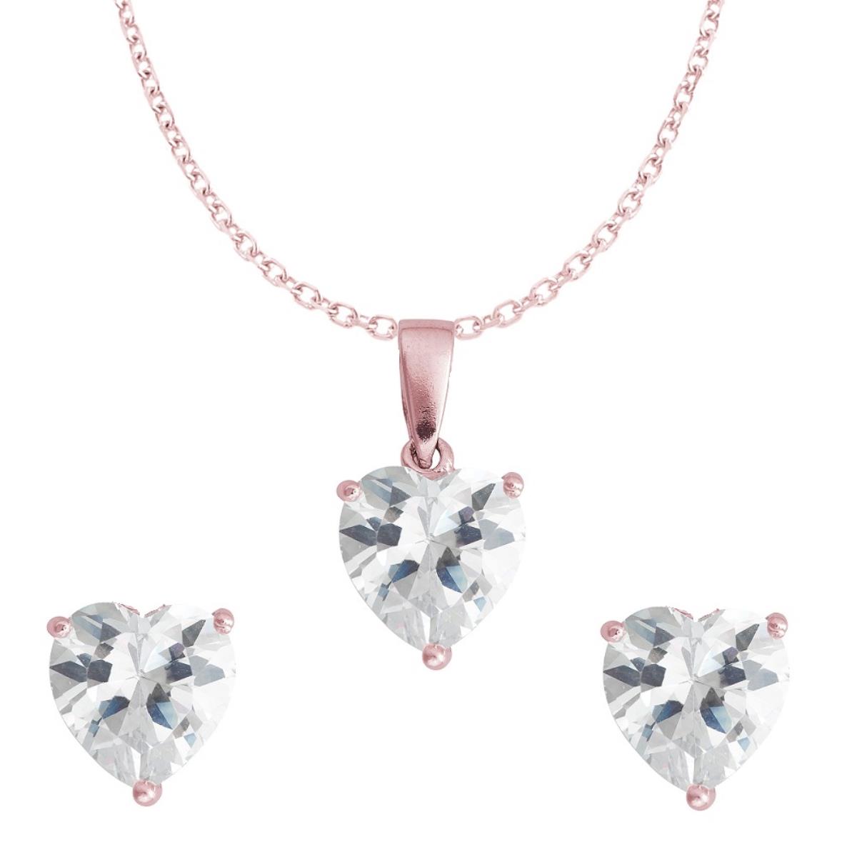 Platinum Plated Brass Rose 8.00mm AAA Heart Solitaire 18" Necklace + 6.00mm AAA Heart Solitaire Stud Earrings