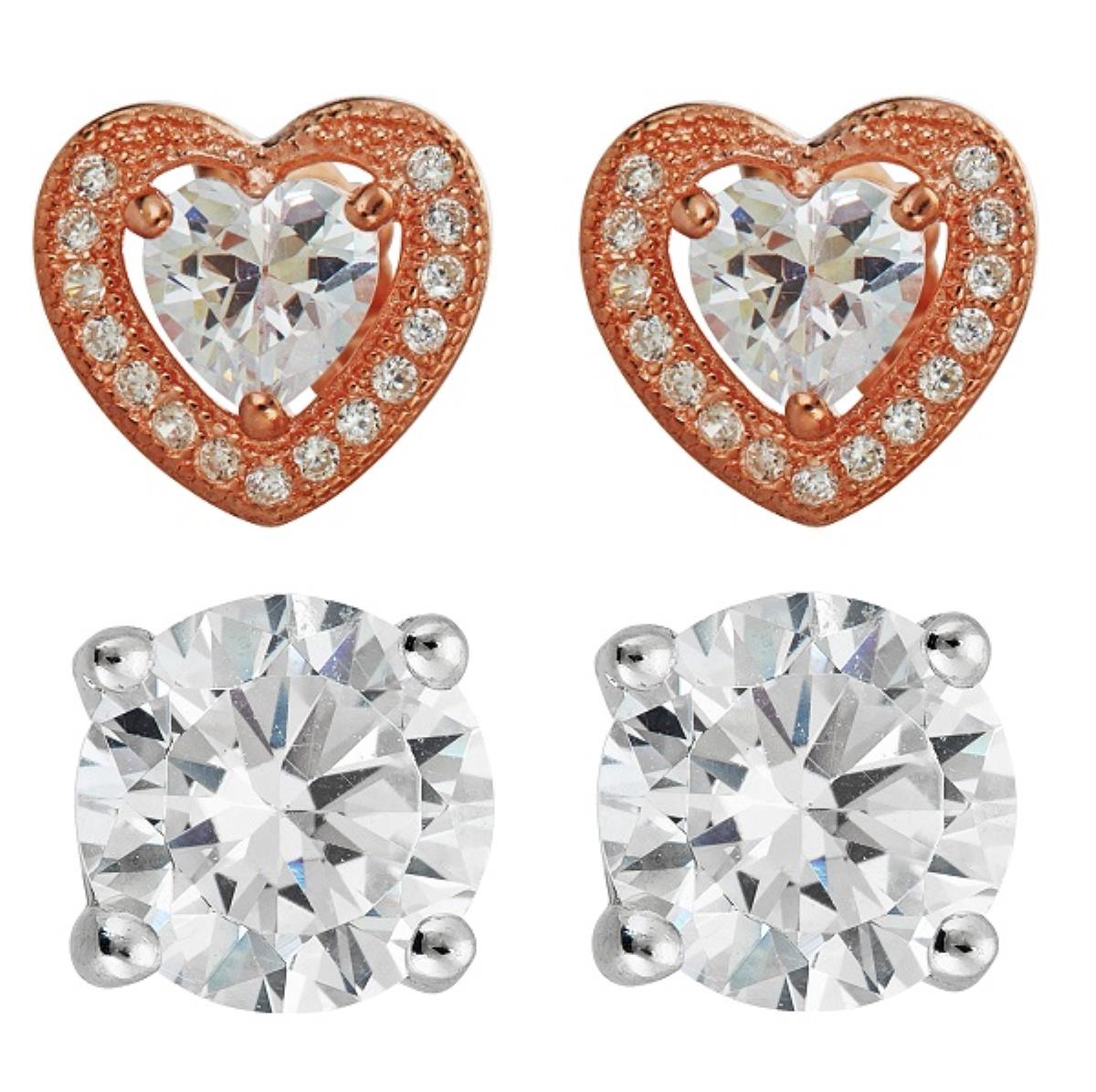 Platinum Plated Brass Rose 9mm Heart Halo Pave Stud + Platinum Plated Brass Rhodium 6mm Round Solitaire Stud Earring Set