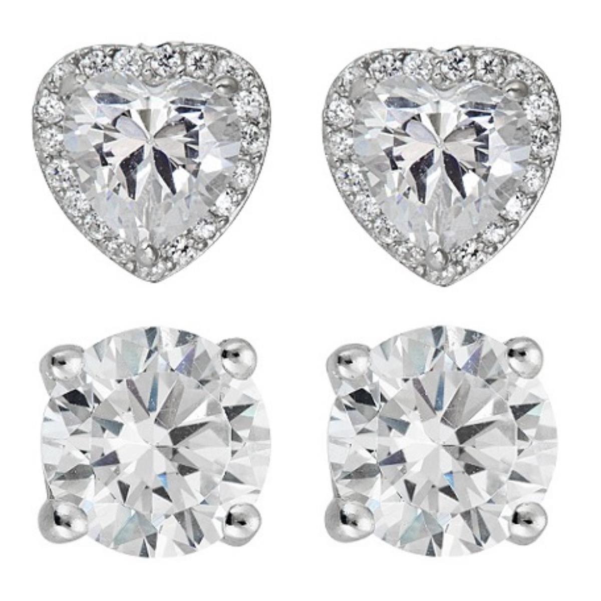 Platinum Plated Brass Rhodium 10mm Heart Halo Micropave Stud + 6mm Round Solitaire Stud Earring Set