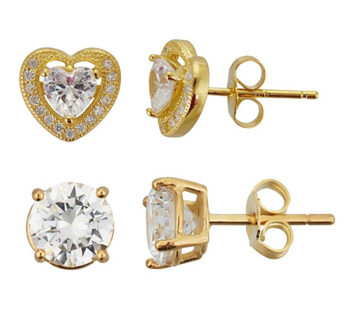 Sterling Silver Yellow Heart Halo Pave Stud & 6.00mm AAA Round Solitaire Stud Earring Set