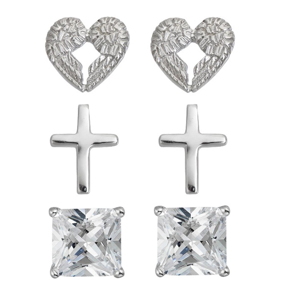 Sterling Silver Rhodium Heart Wing, Cross, 6mm AAA Square Solitaire Stud Earring Set