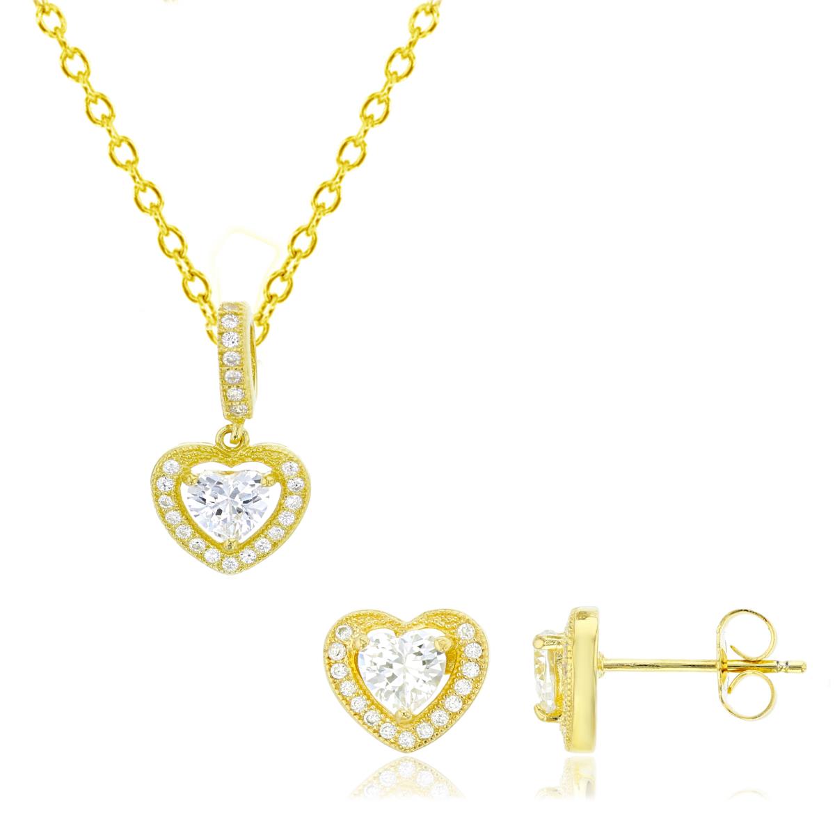 Sterling Silver Yellow Heart Pave Halo Stud Earring & 18" DC Cable Chain Necklace Set