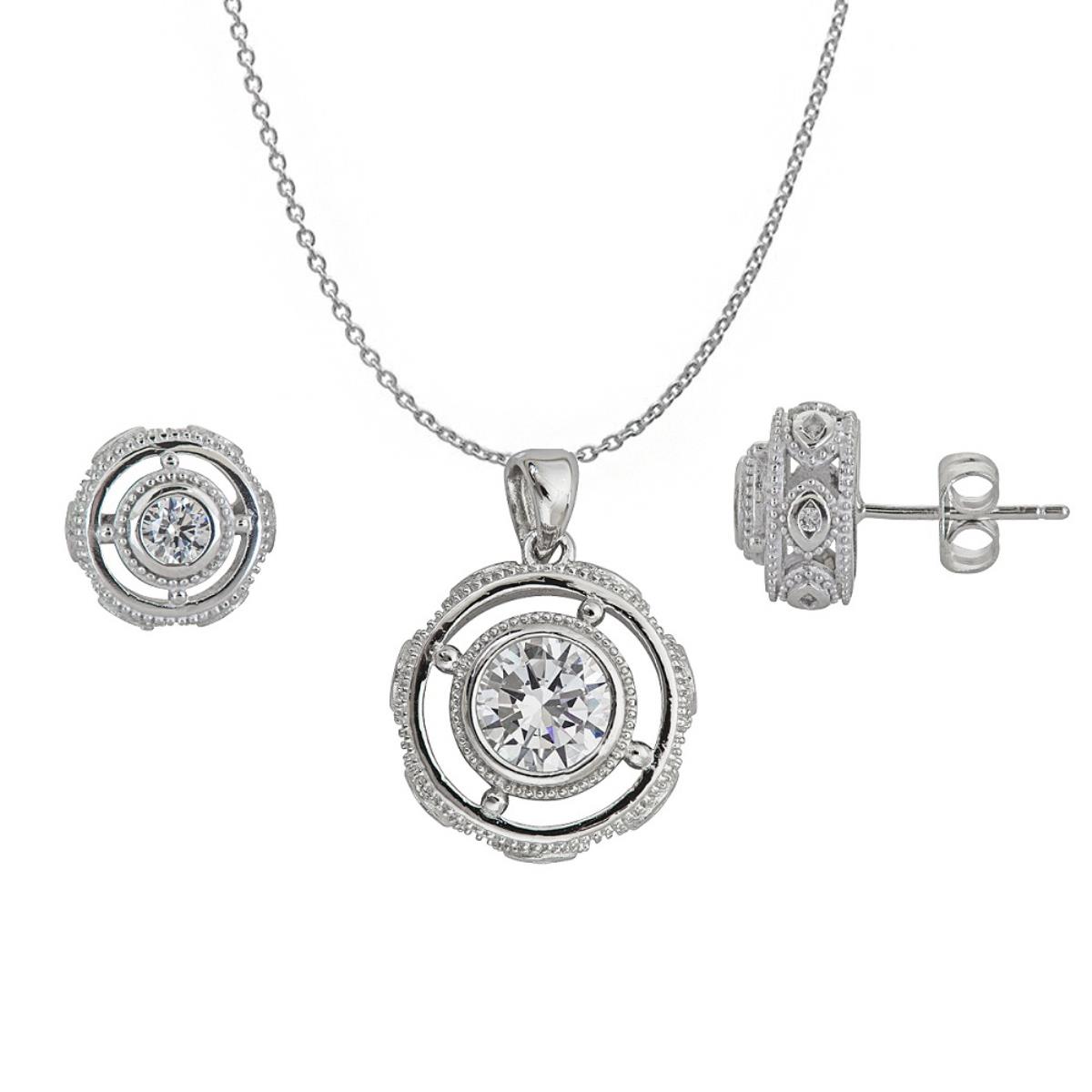 Sterling Silver Rhodium Round Evil Eye Bezel Center Stud Earring & 18" DC Cable Chain Necklace Set