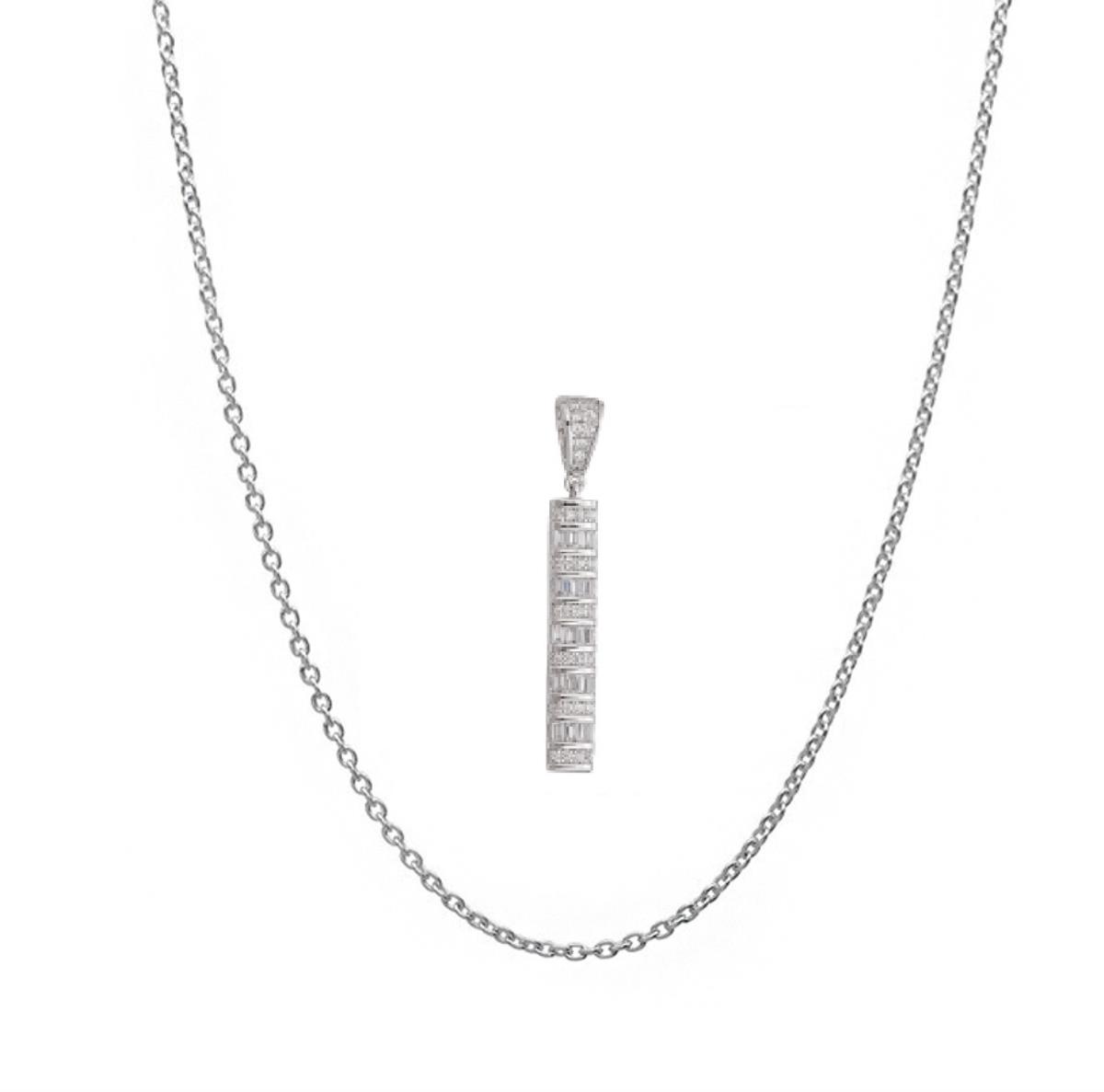 Sterling Silver Rhodium 5X38MM Baguette Linear Drop Necklace