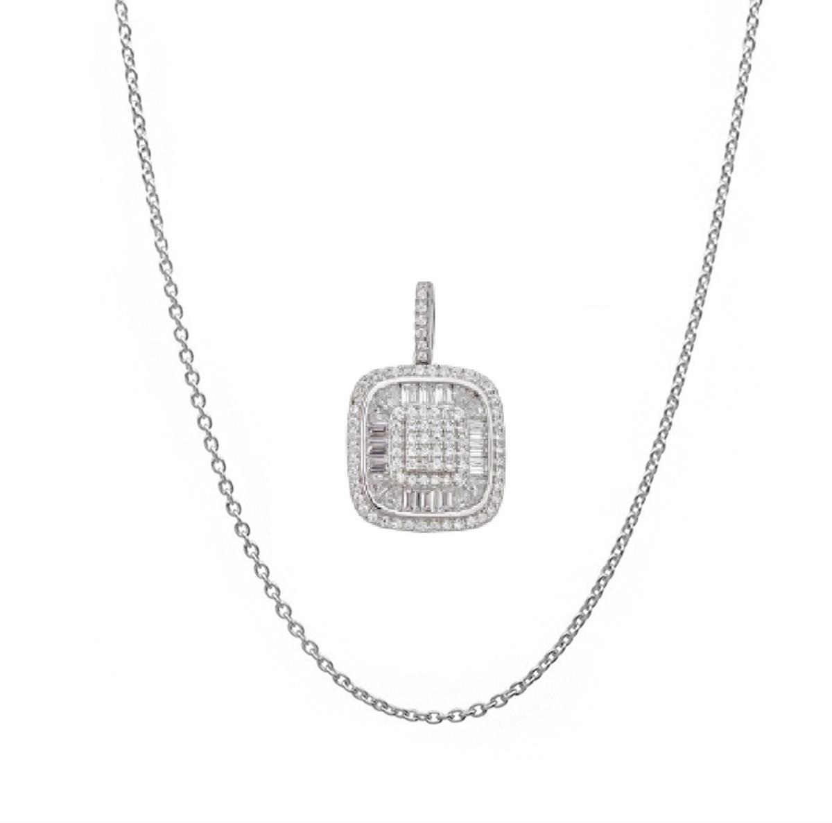 Sterling Silver Rhodium 17x27 Square Baguette Pendant Necklace