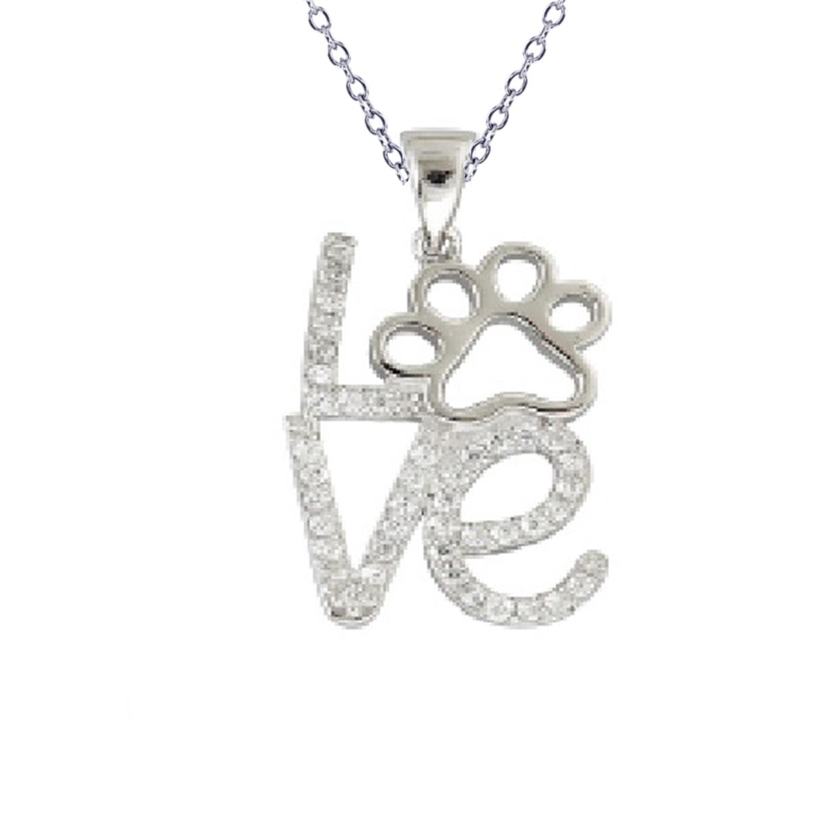 Sterling Silver Rhodium 13x25mm LOVE Dog Paw Necklace