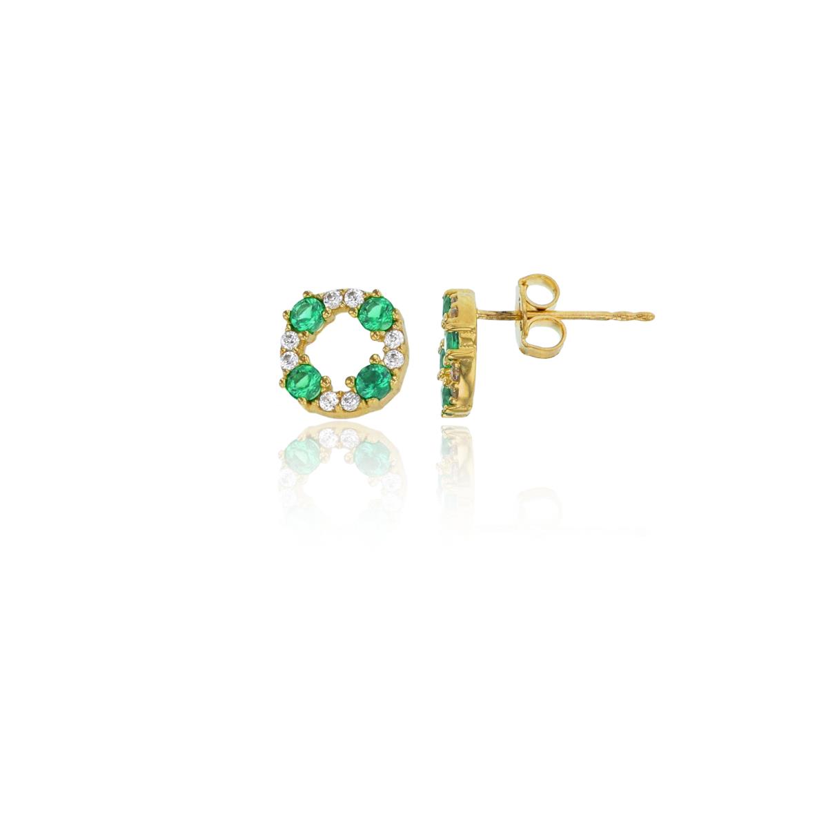 14K Yellow Gold Emerald & Clear CZ Open Circle Stud Earring