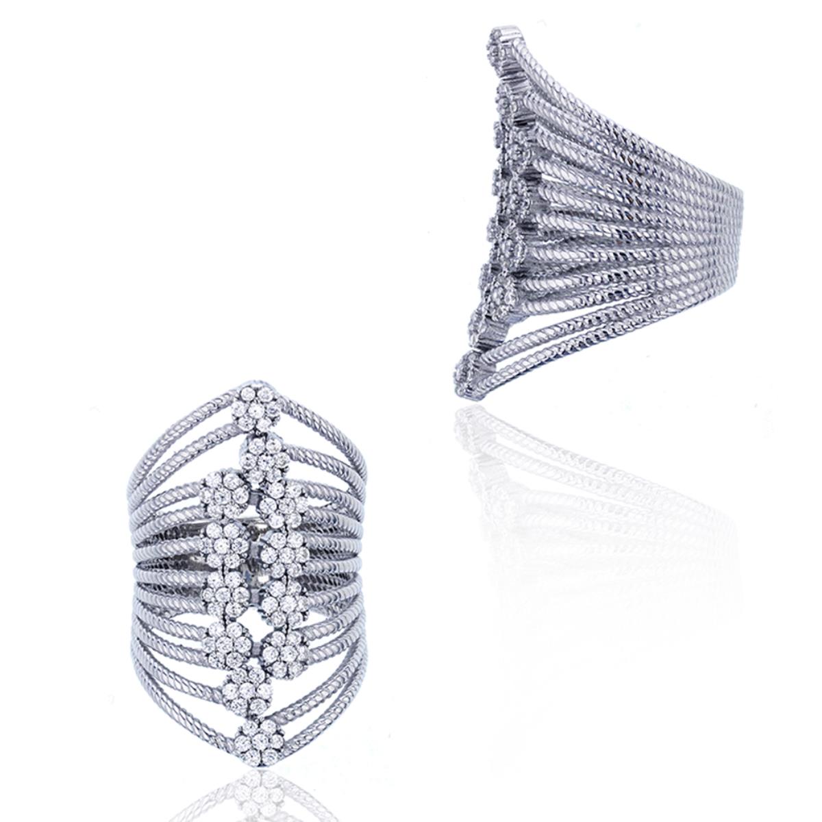 Sterling Silver Rhodium Pave Multi-Row Cocktail Fashion Ring