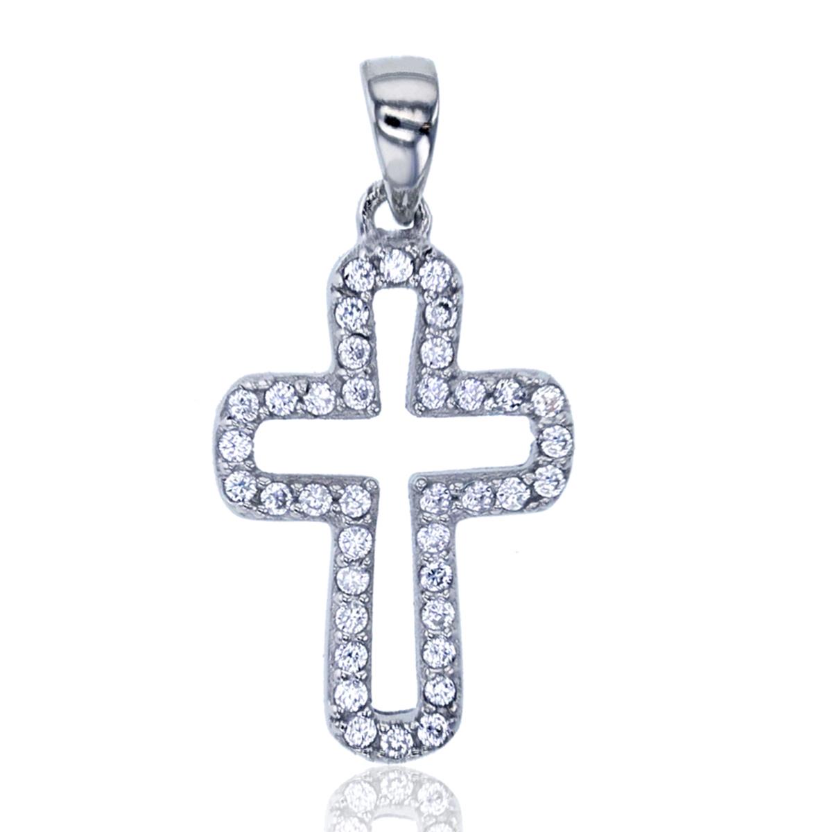 Sterling Silver Rhodium Pave Open Cross Dangling Pendant
