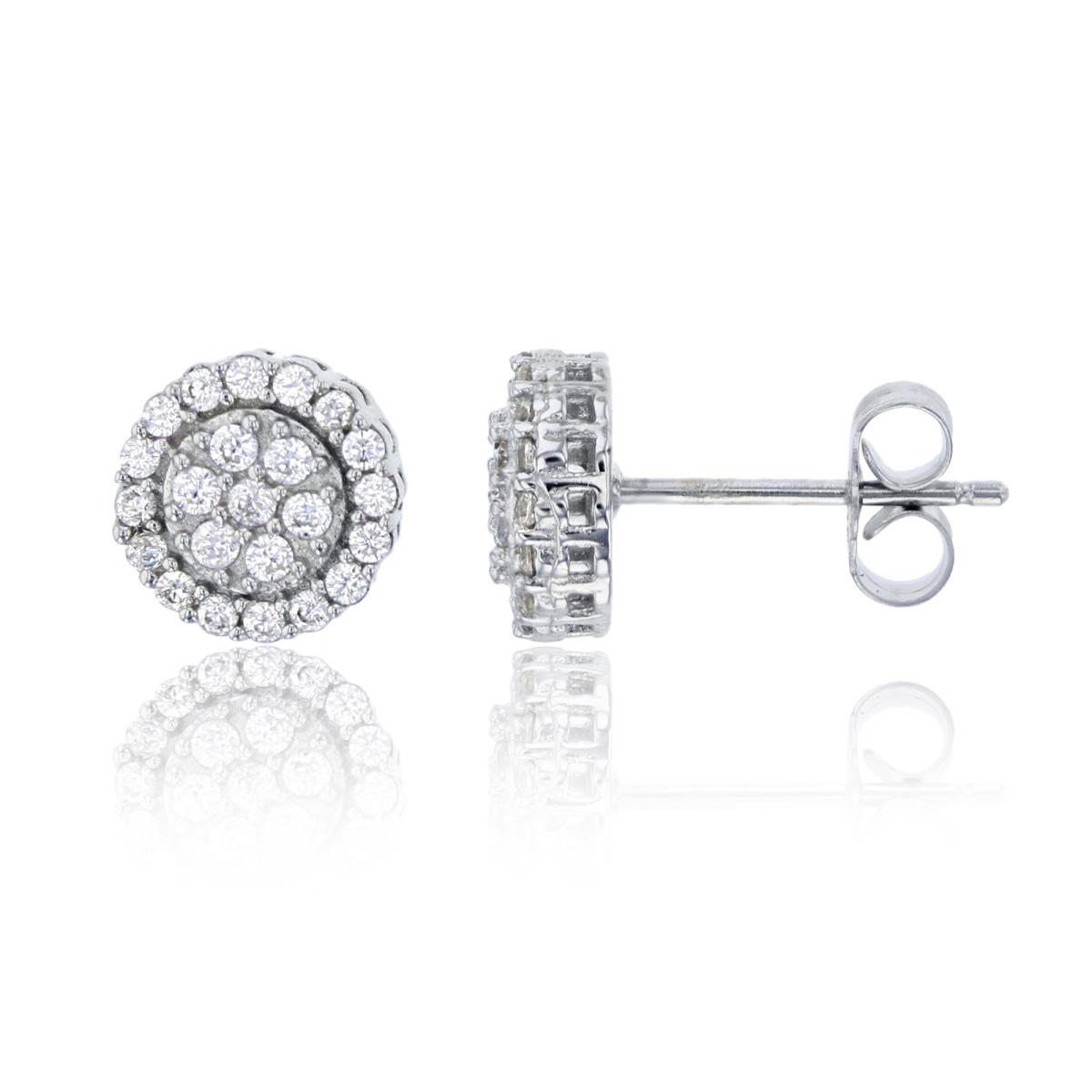 Sterling Silver Rhodium Pave Round CZ Cluster Halo Stud Earring