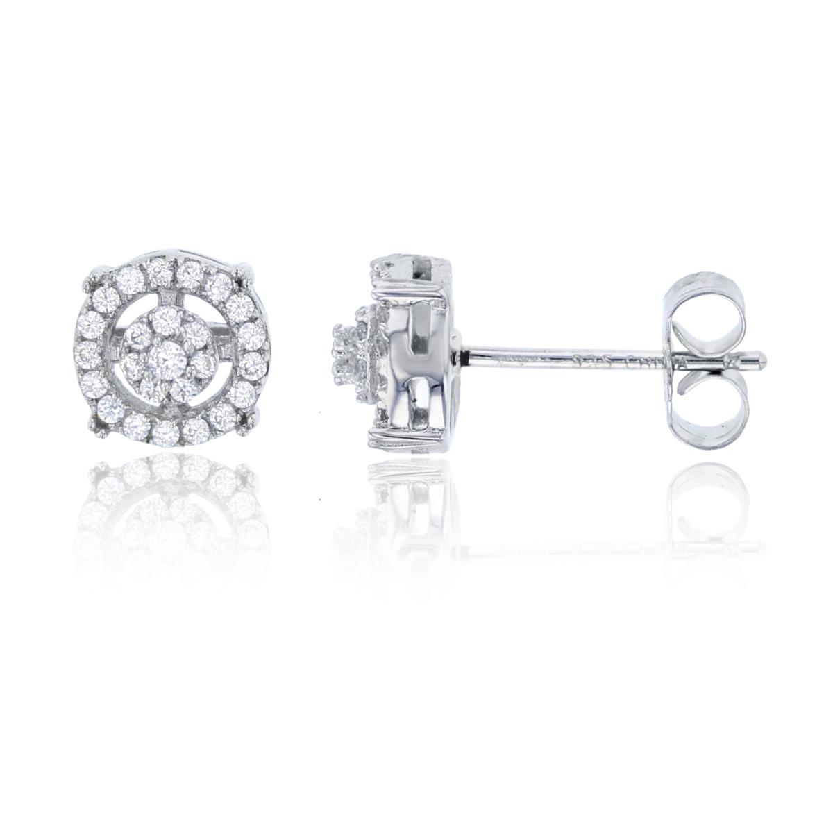 Sterling Silver Rhodium Pave Halo Round CZ Stud Earring