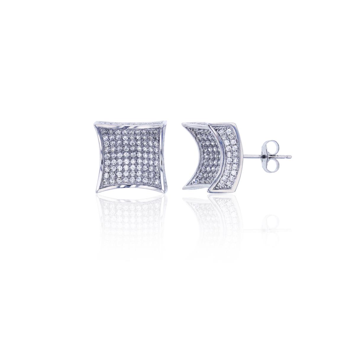 Sterling Silver Rhodium Micropave Curved Square Stud Earring