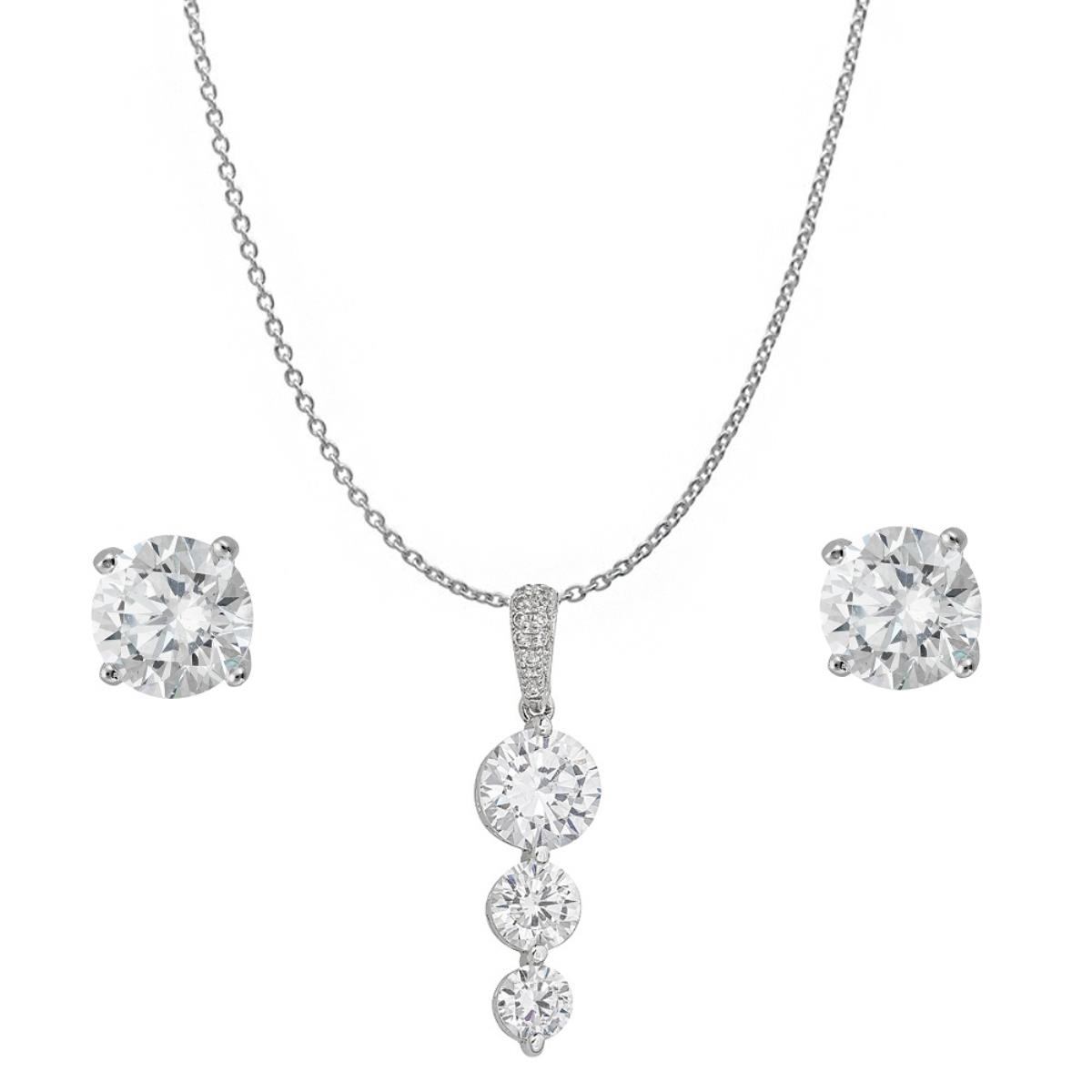 Sterling Silver Rhodium 6mm AAA Round Cut Solitaire Stud Earring & 3-Stone Drop 18" DC Cable Chain Necklace Set