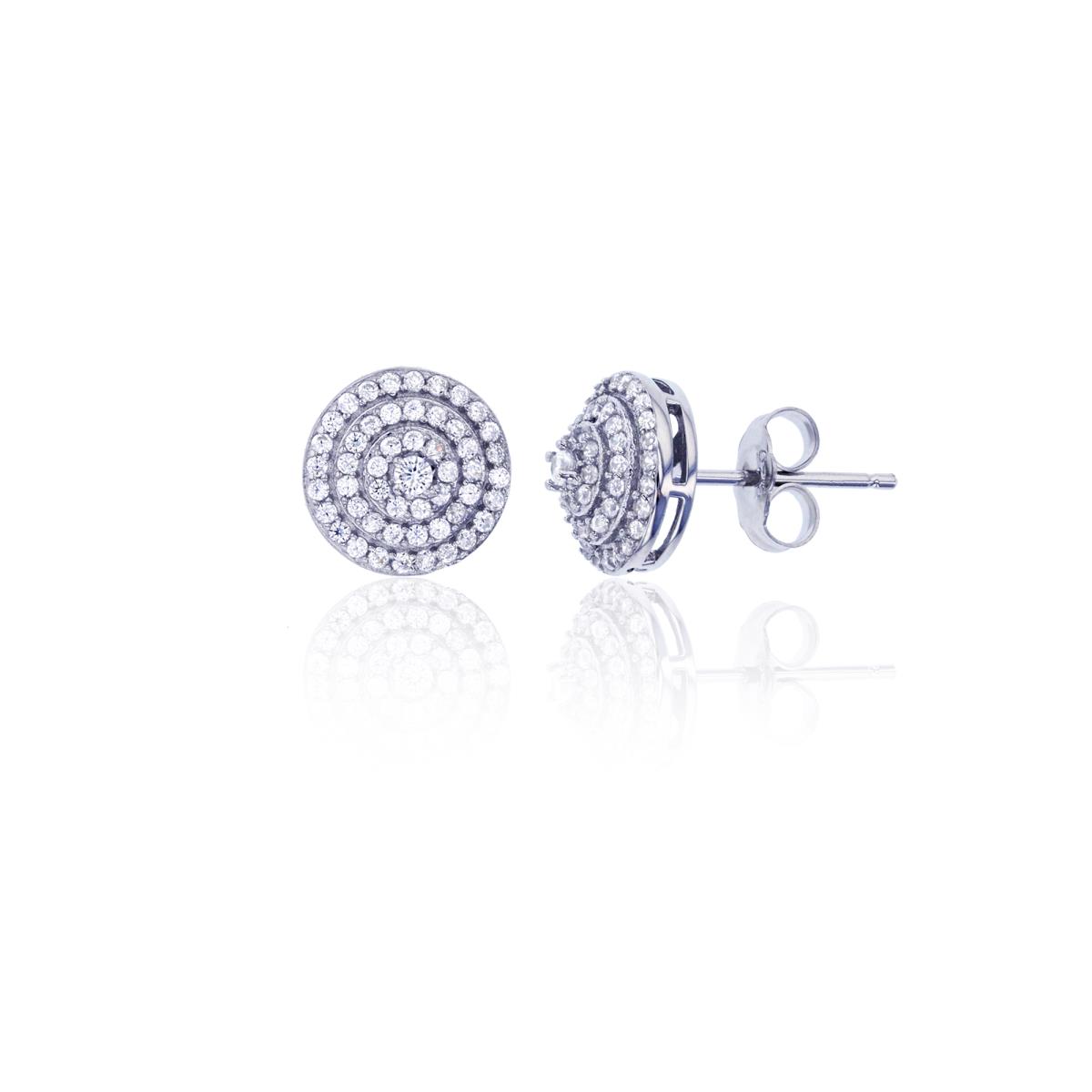 Sterling Silver Rhodium Pave Round CZ Multi-Row Circle Stud Earring