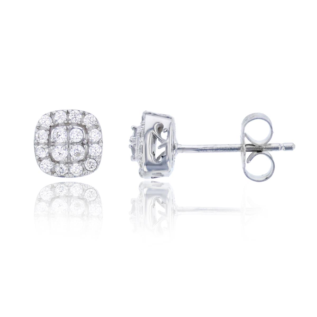 Sterling Silver Rhodium Pave Round CZ Cushion Shape Stud Earring