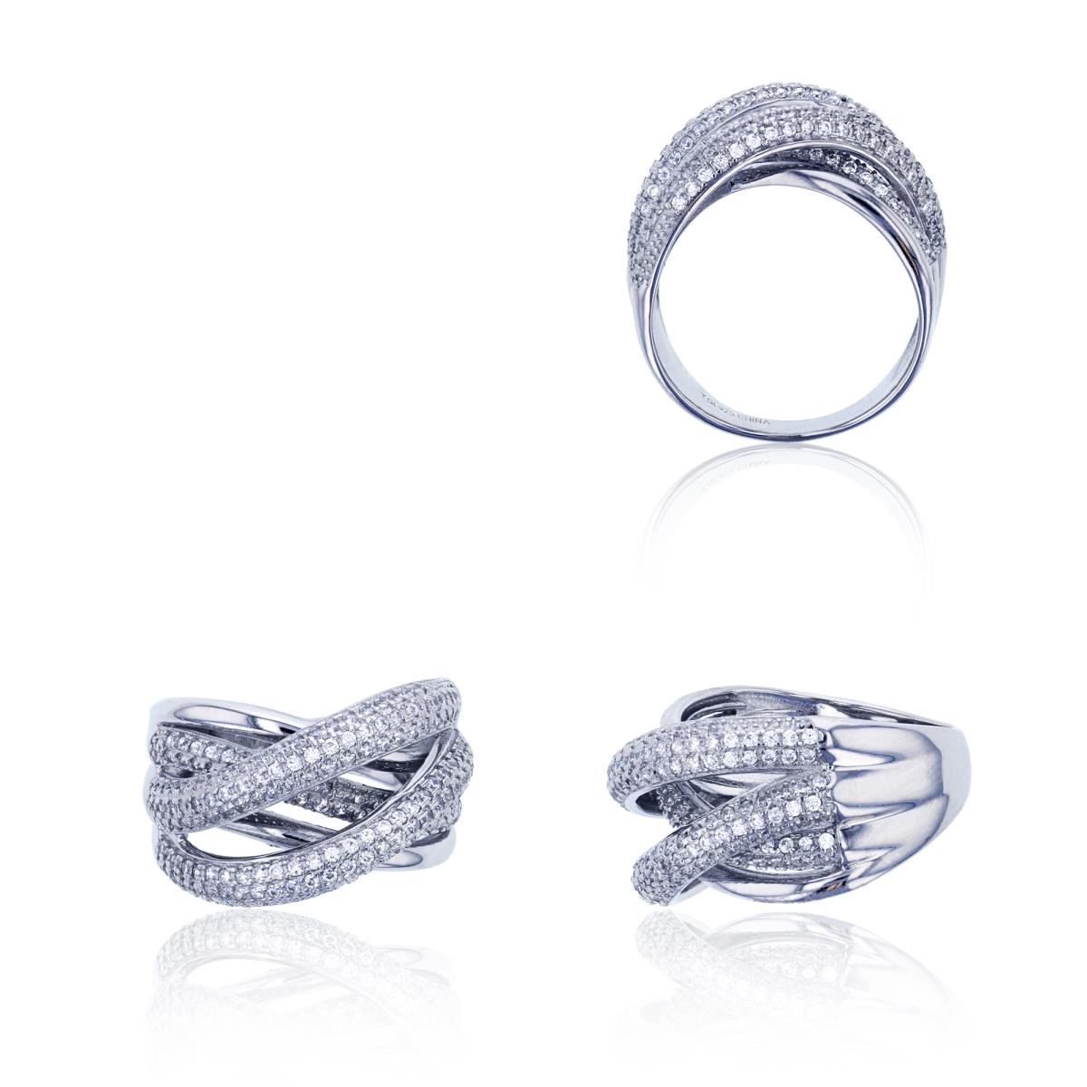 Sterling Silver Rhodium Micropave Twist Multi-Row Fashion Ring