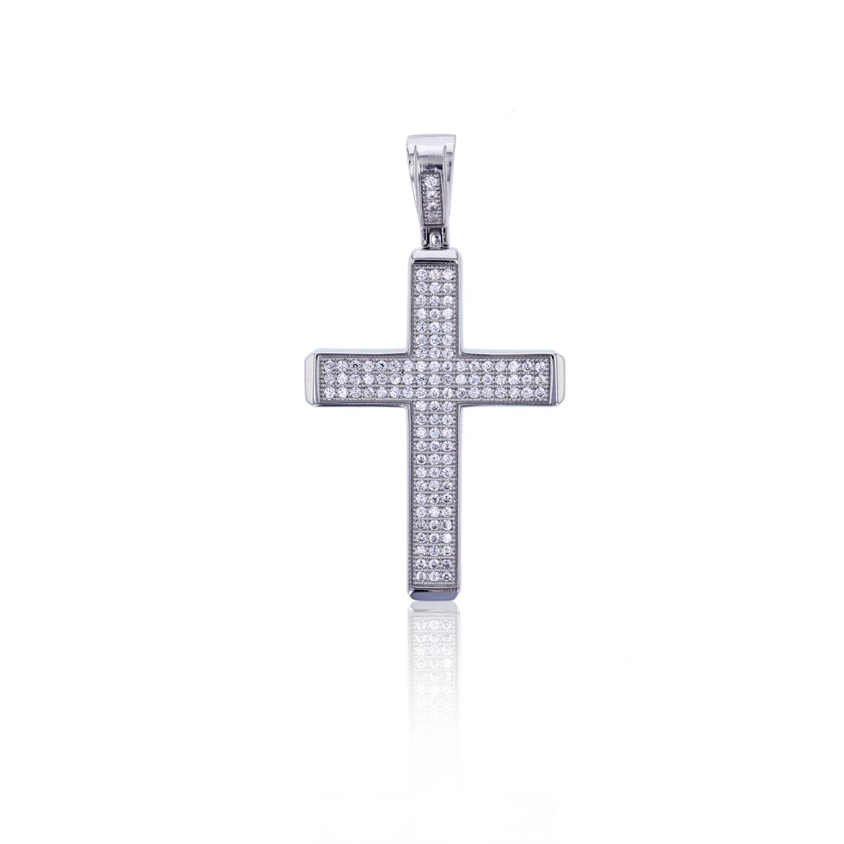 Sterling Silver Rhodium Micropave Round CZ Cross Dangling Pendant