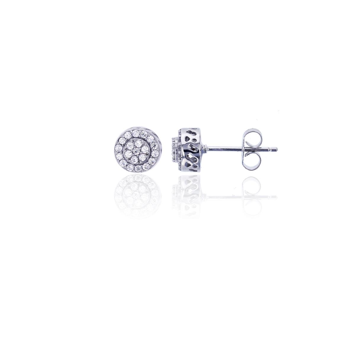 Sterling Silver Rhodium Halo Round CZ Stud Earring
