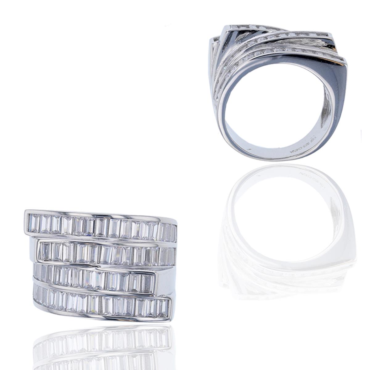 Sterling Silver Rhodium 4-Row Baguette Cut Fashion Ring