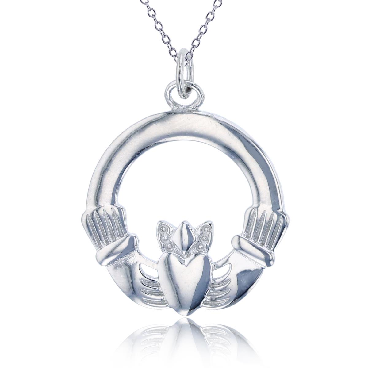Sterling Silver Rhodium Claddagh Pendant 18" Necklace