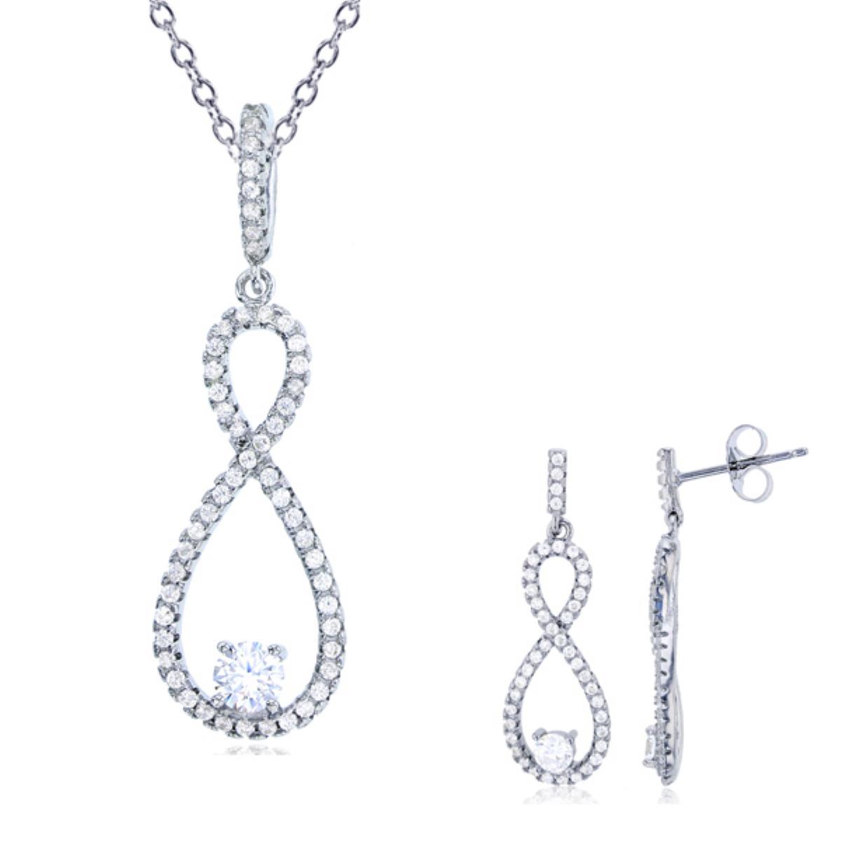 Sterling Silver Rhodium Pave Infinity Dangling Earring & 18" Diamond Cut Cable Chain Necklace Set