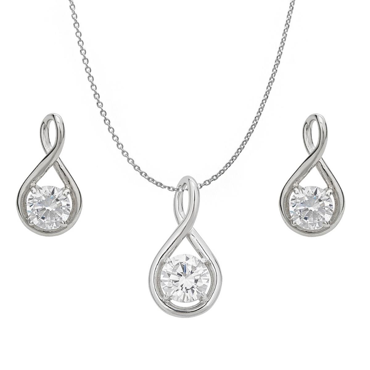 Sterling Silver Rhodium Solitaire Infinity Twist Dangling Earring & 18" DC Cable Chain Hidden Bail Necklace Set