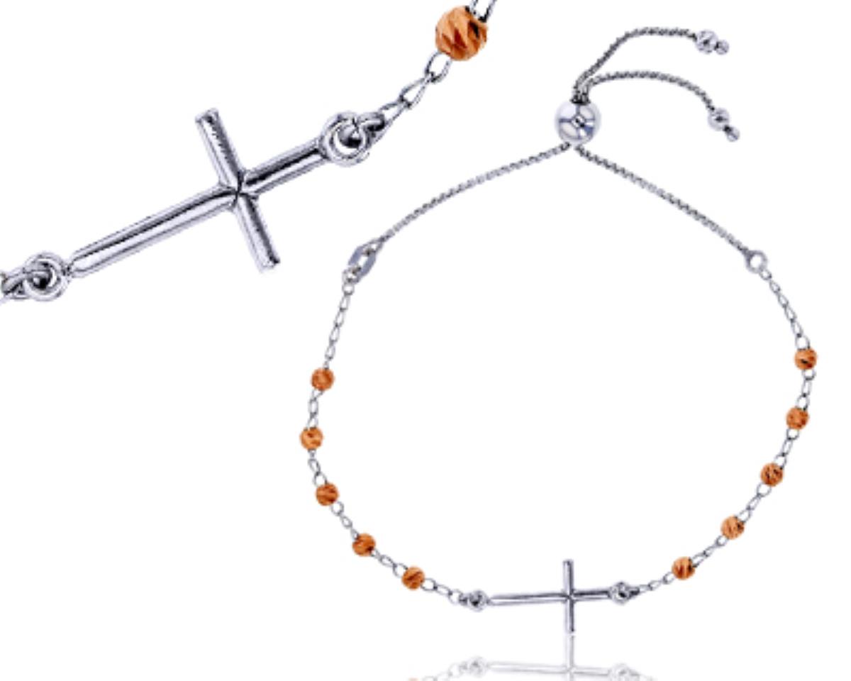 Sterling Silver Two-Tone Virgin Mary Cross DC 9.25" Adjustable Anklet
