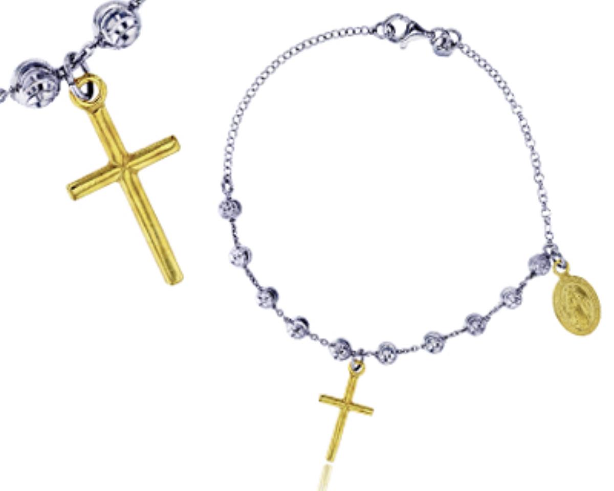Sterling Silver Two-Tone Virgin Mary Cross 7.25" Bracelet