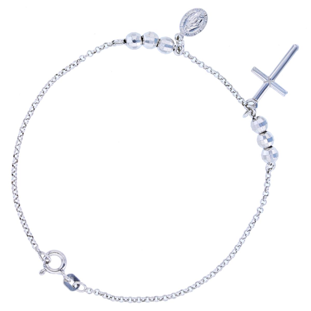 Sterling Silver Rhodium Virgin Mary Cross 7.25" Bracelet