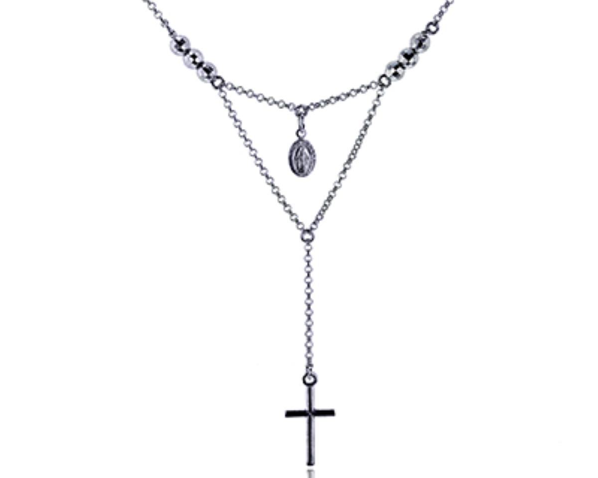 Sterling Silver Rhodium Virgin Mary Cross 18" Necklace