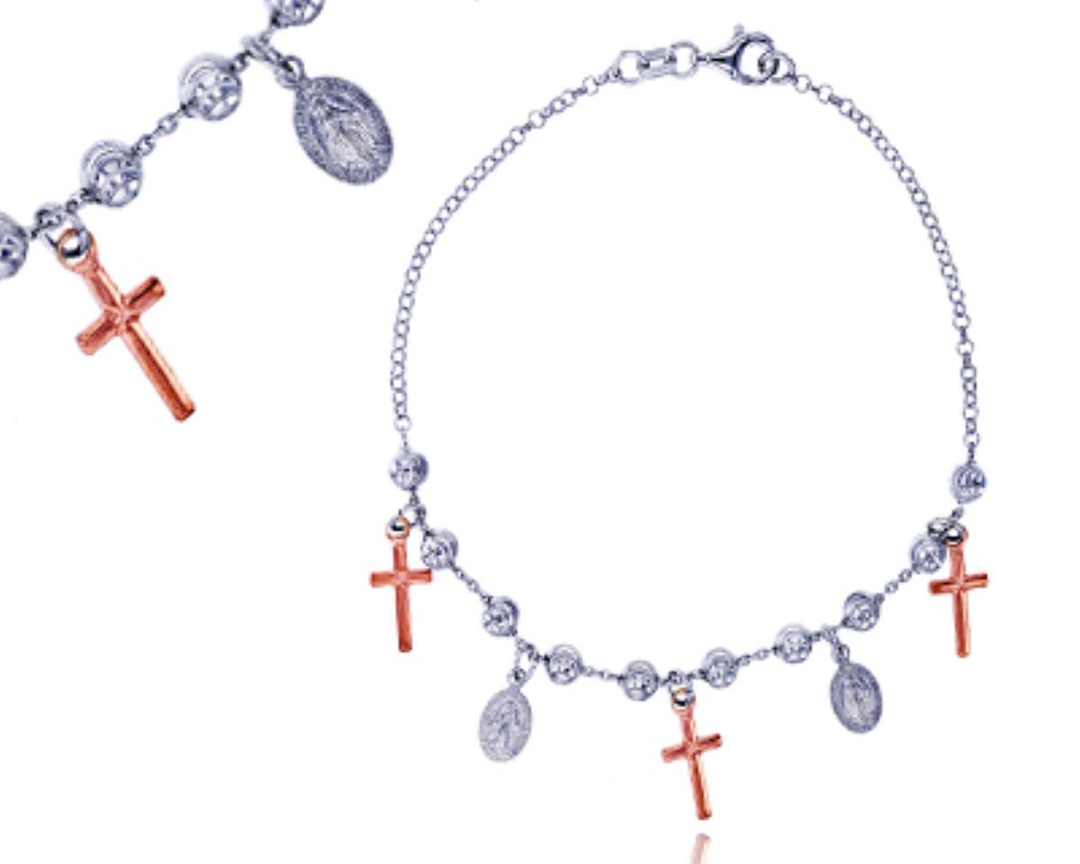 Sterling Silver Two-Tone Virgin Mary Cross 7.25" Bracelet