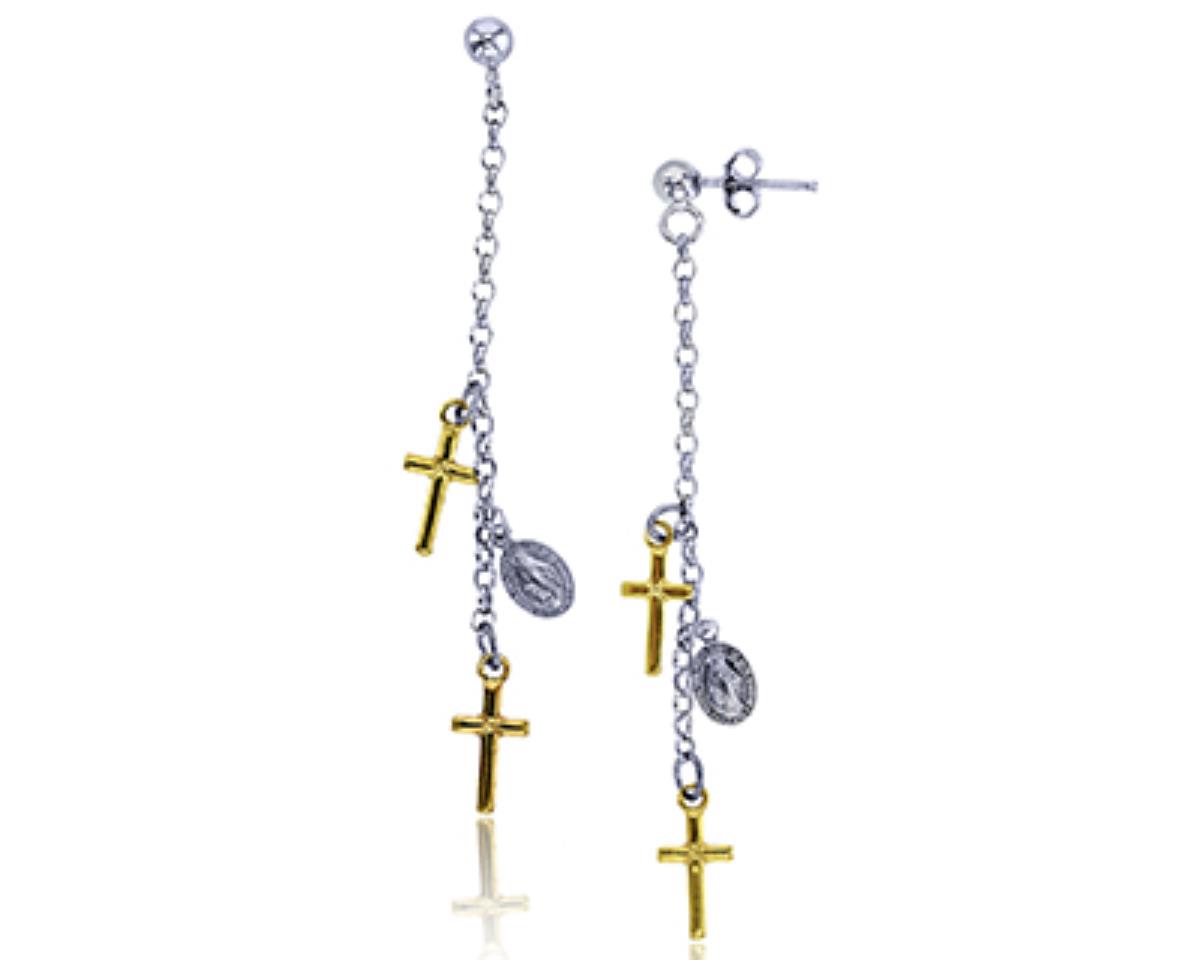 Sterling Silver Two-Tone Religious Virgin Mary Cross Dangling Earring